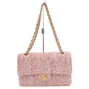 CHANEL Coco Mark Diagonal Leather Tweed Chain Shoulder Bag Pink